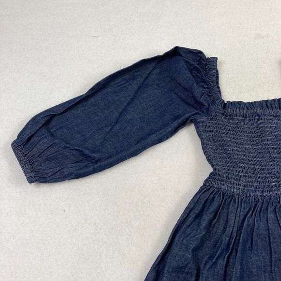 J.Crew Chambray Denim Smocked Puff-Sleeve Dress Women's XXS Blue Midi Casual NWT - Picture 2 of 13